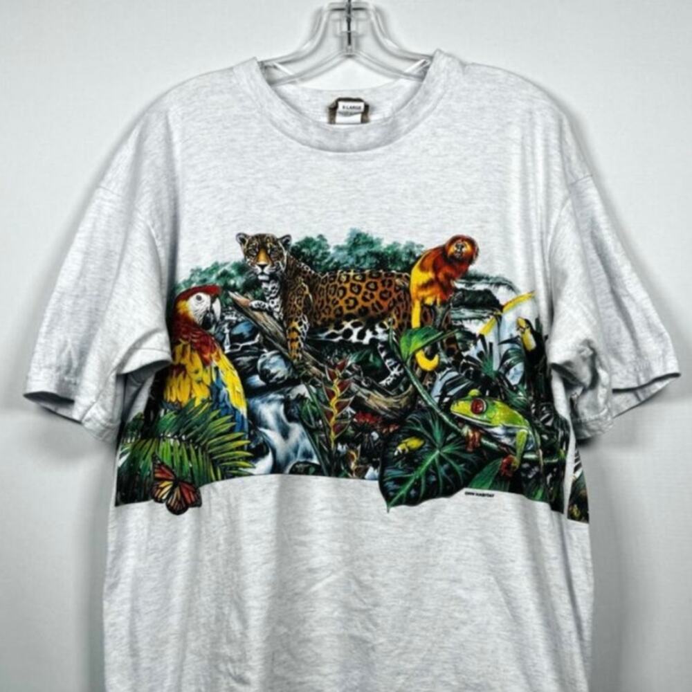 Vintage 90s Habitat Jungle Animals Short Sleeve Crew Neck White T-Shirt Size XL